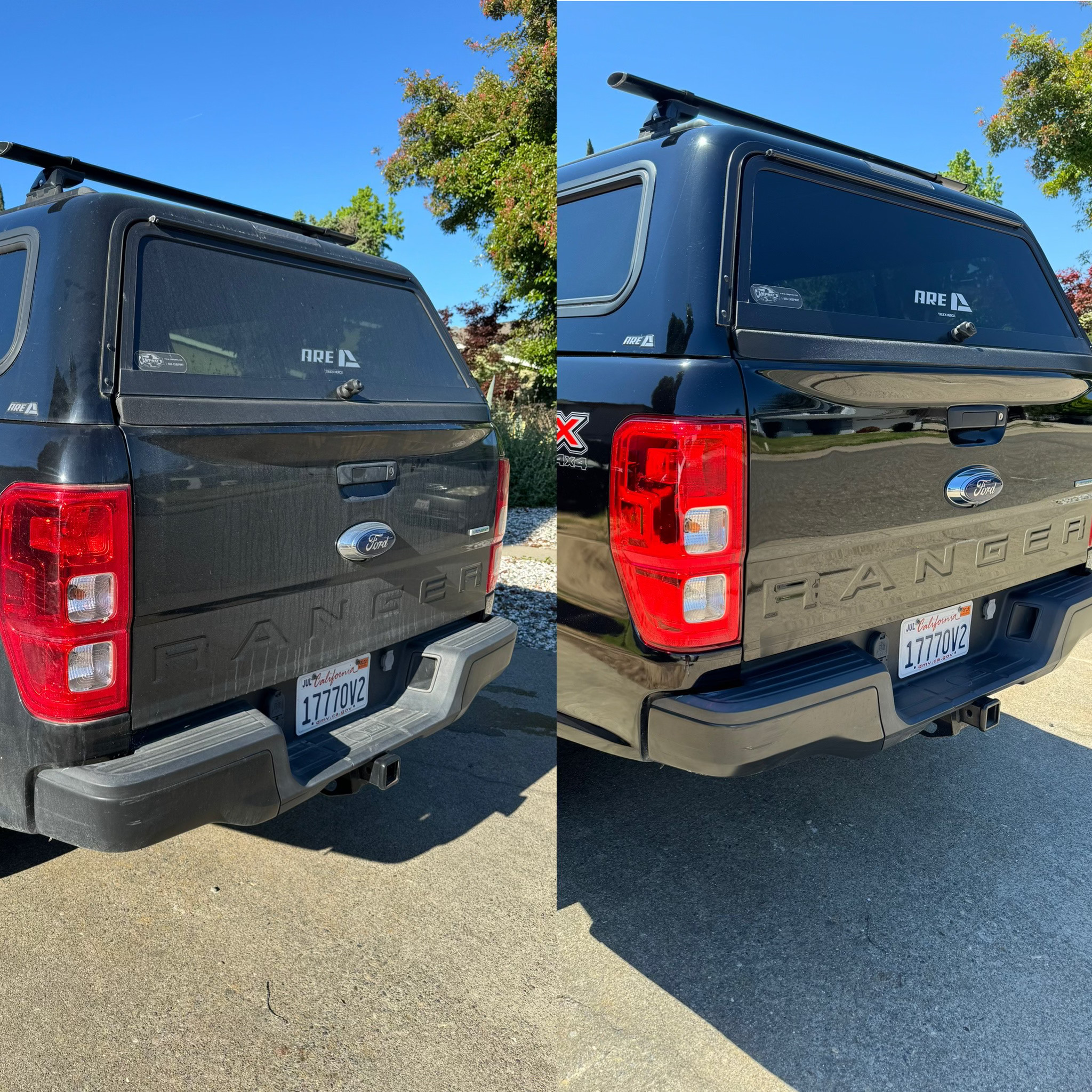 before and after of exterior detailing on rear of black truck